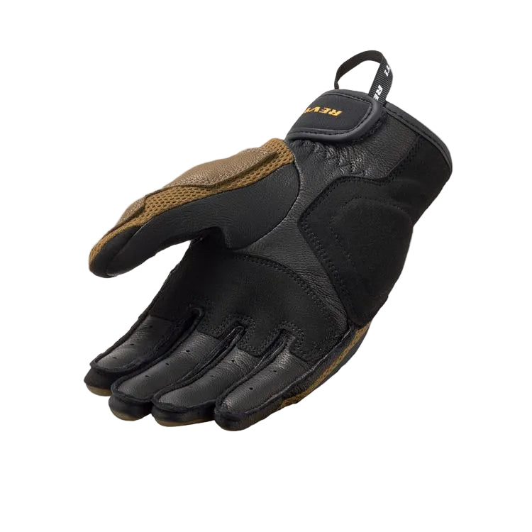 Brand and black motorcycle glove with brand logo on a white background