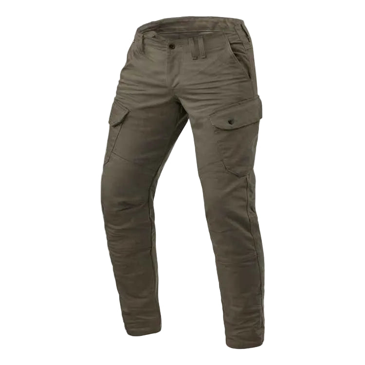 Olive green cargo pants on a white background