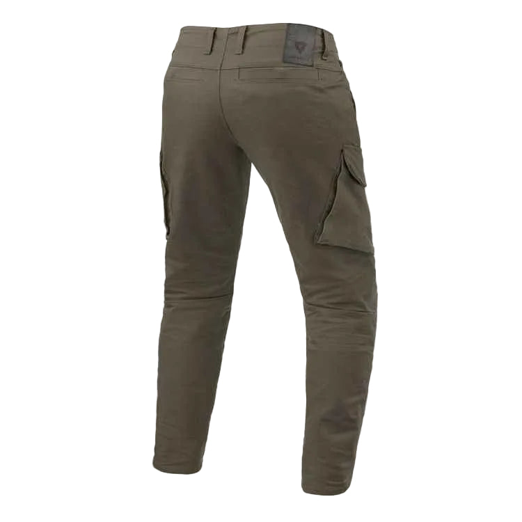 Olive green cargo pants on a light gray background