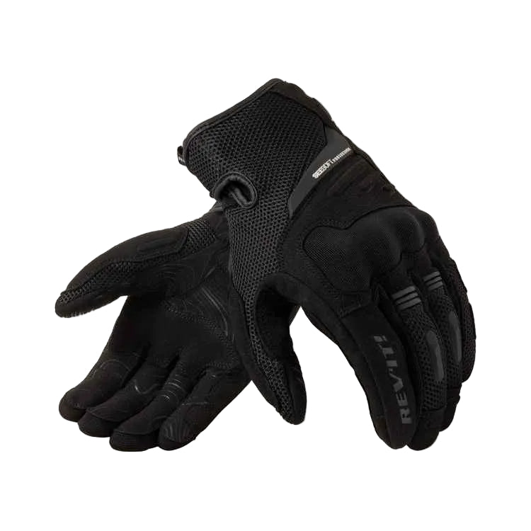 Black tactical gloves with 'Rev'it' branding on a white background