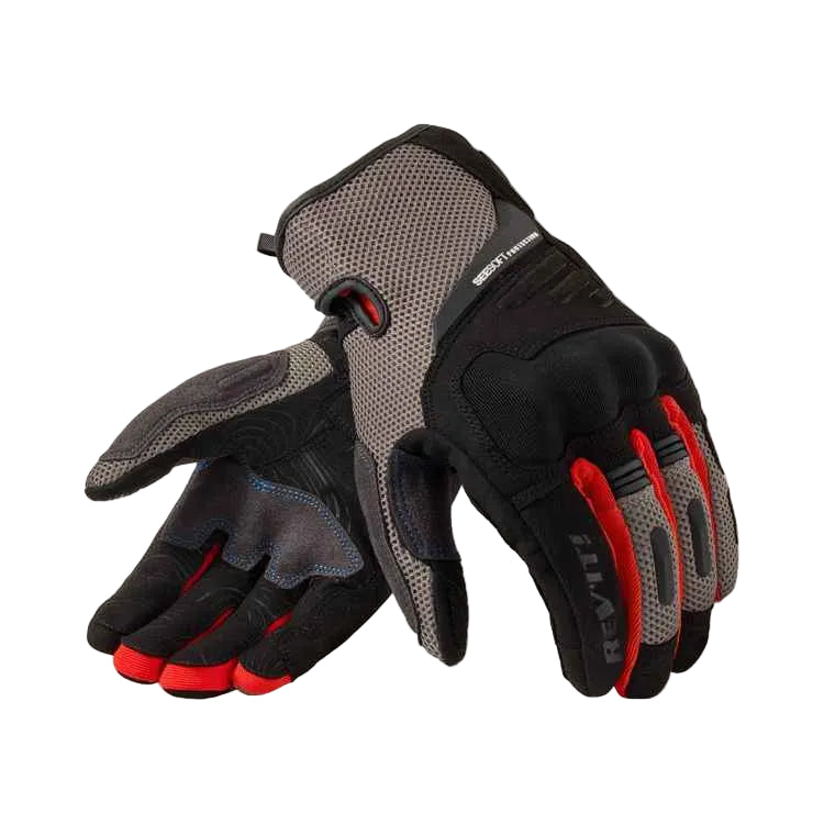 Pair of black, gray, and red gloves on a white background