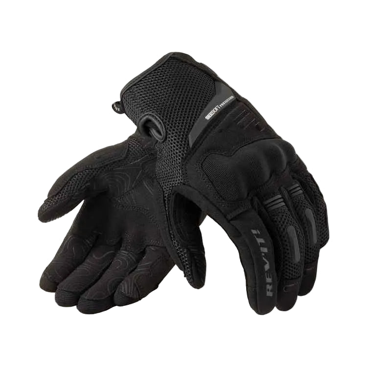 Black tactical gloves with 'Rev'it' branding on a white background