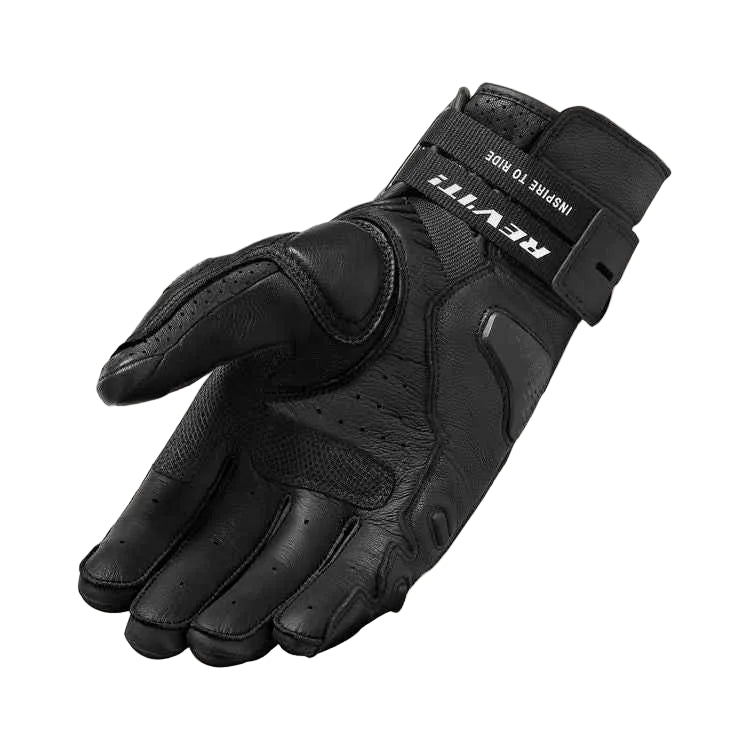Black motorcycle glove with brand logo on a white background