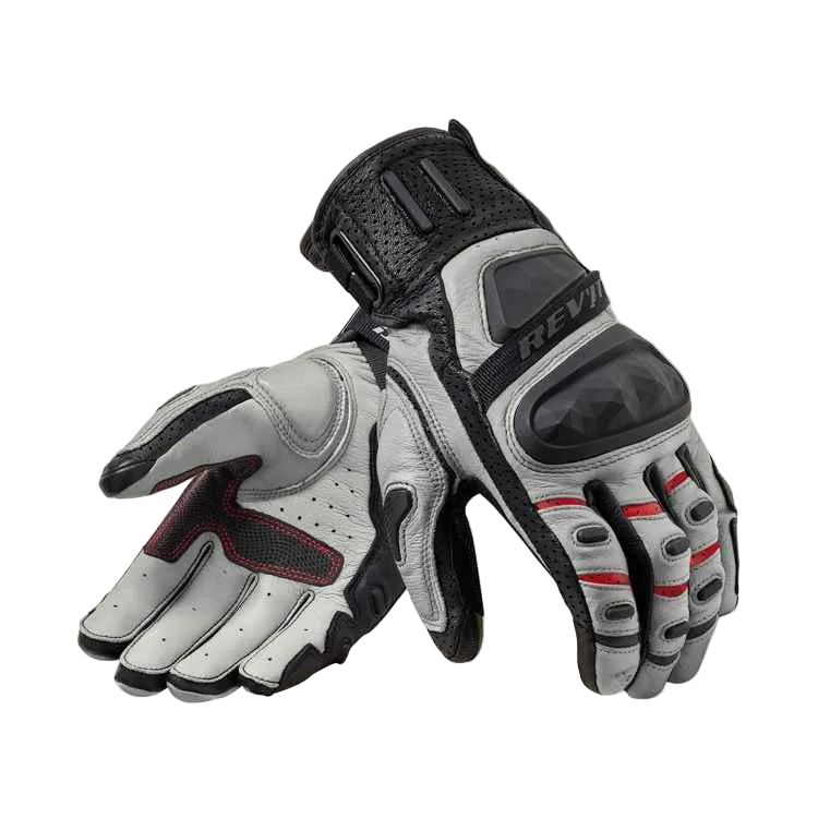 Pair of black, gray, and red motorcycle gloves on a white background