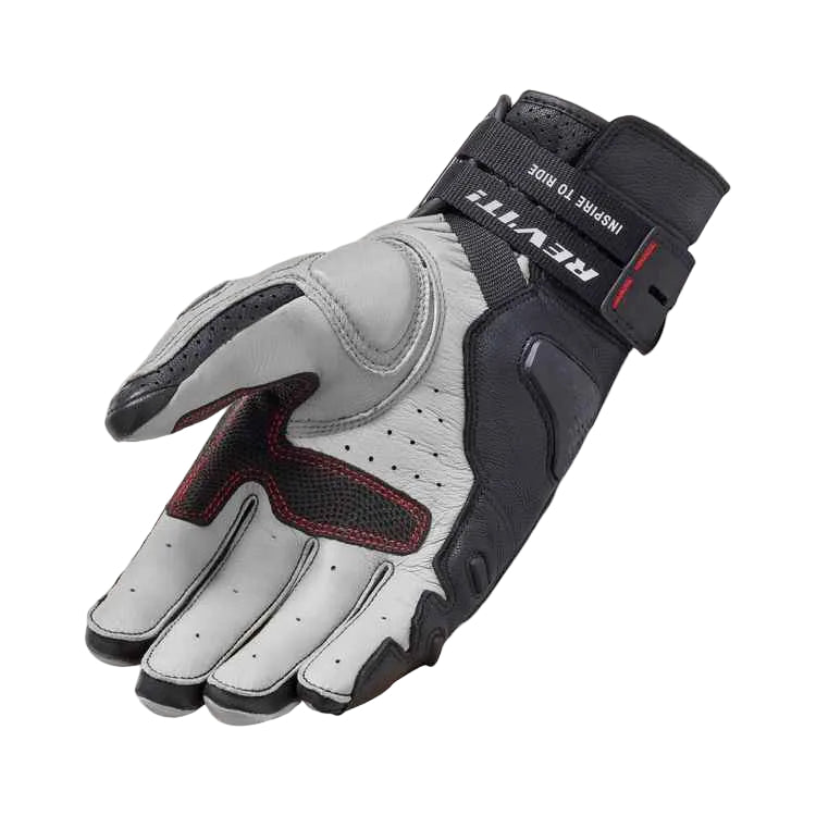 A single REV'IT! motorcycle glove in gray and black with red stitching accents, shown on a light white background.