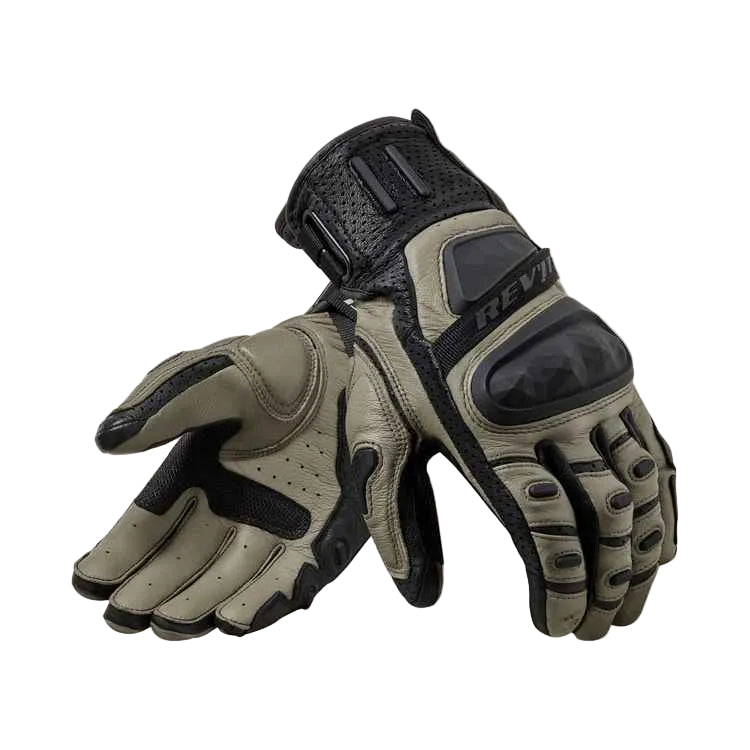 Pair of gloves with black and beige design on a white background