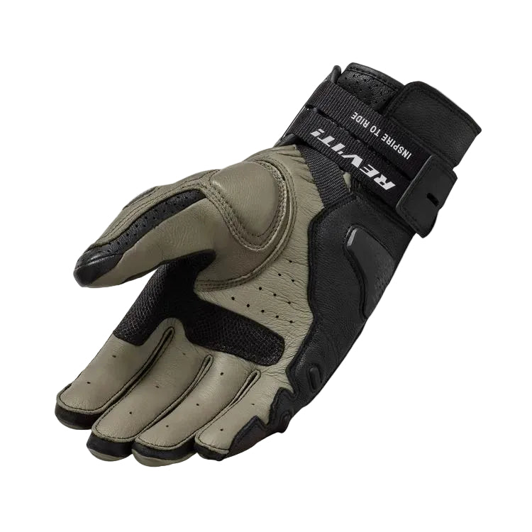 Brown and black motorcycle glove with REV'IT branding on a white background