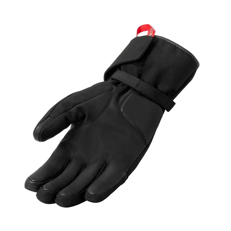 Black glove with a red label on a light gray background