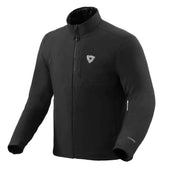 Black jacket with a brand logo on a light gray background
