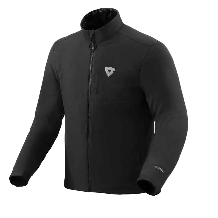 Black jacket with a brand logo on a light gray background