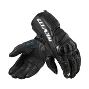 Black motorcycle gloves with REV'IT branding on a white background