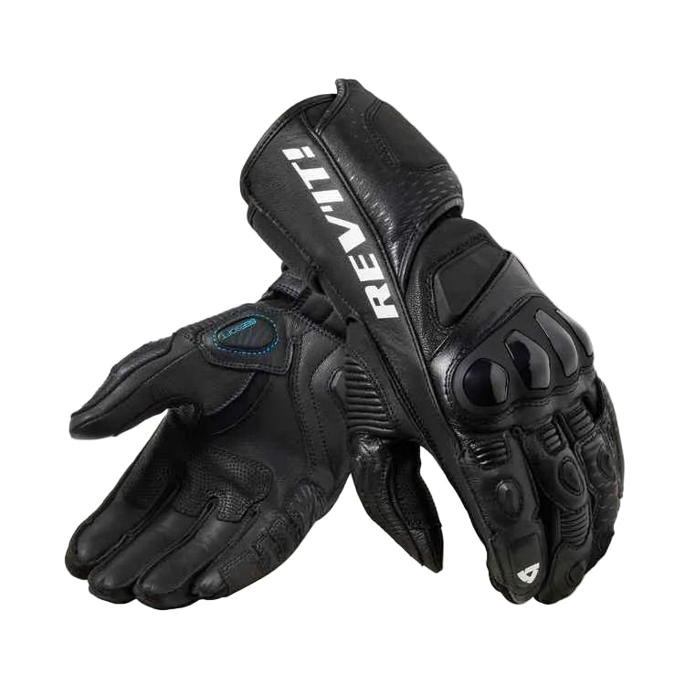 Black motorcycle gloves with REV'IT branding on a white background