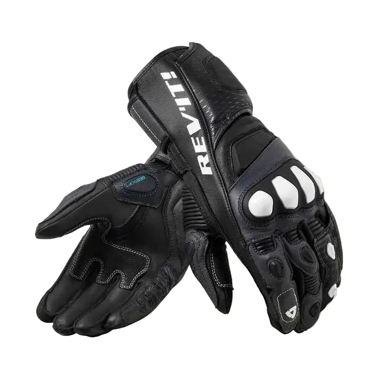 Black motorcycle gloves with REV'IT branding on a white background