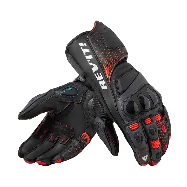 Black and red motorcycle gloves with 'REV'IT' branding on a light gray background