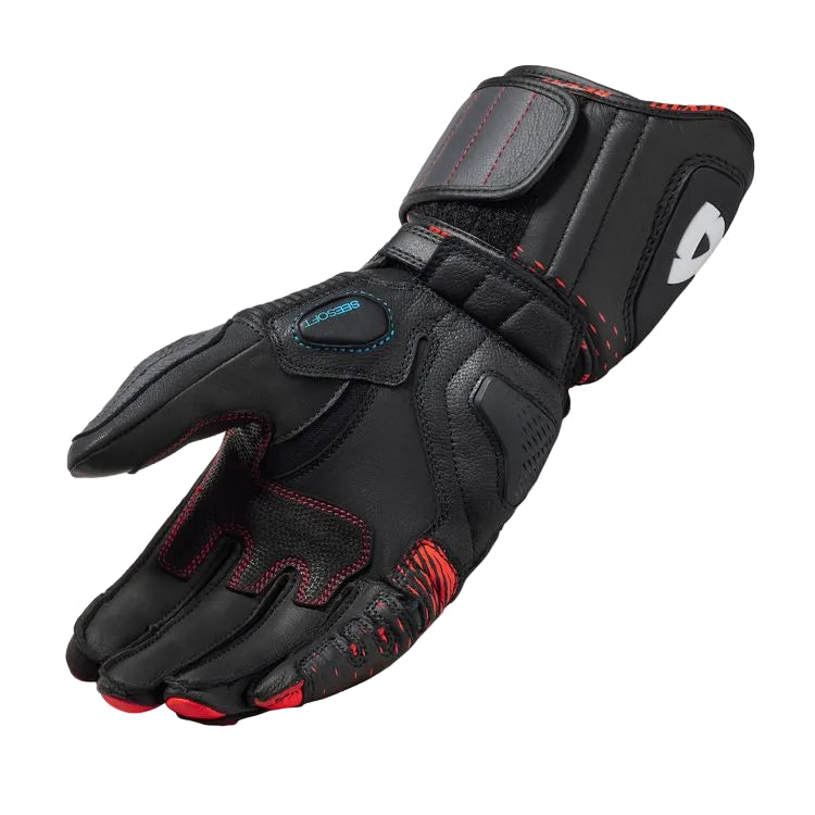 Black motorcycle glove with red accents on a white background