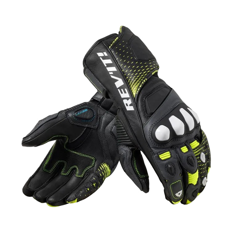 Black motorcycle gloves with green accents and 'REV'IT' branding on a white background
