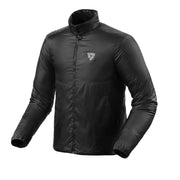 A black lightweight puffer jacket with a stand-up collar and a small shield logo on the left chest, displayed on a light beige background.