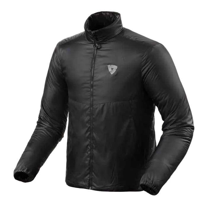A black lightweight puffer jacket with a stand-up collar and a small shield logo on the left chest, displayed on a light beige background.