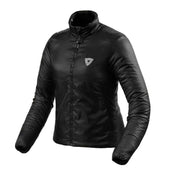 Black jacket with a brand logo on a light gray background