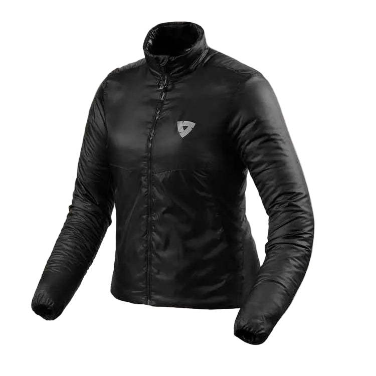 Black jacket with a brand logo on a light gray background