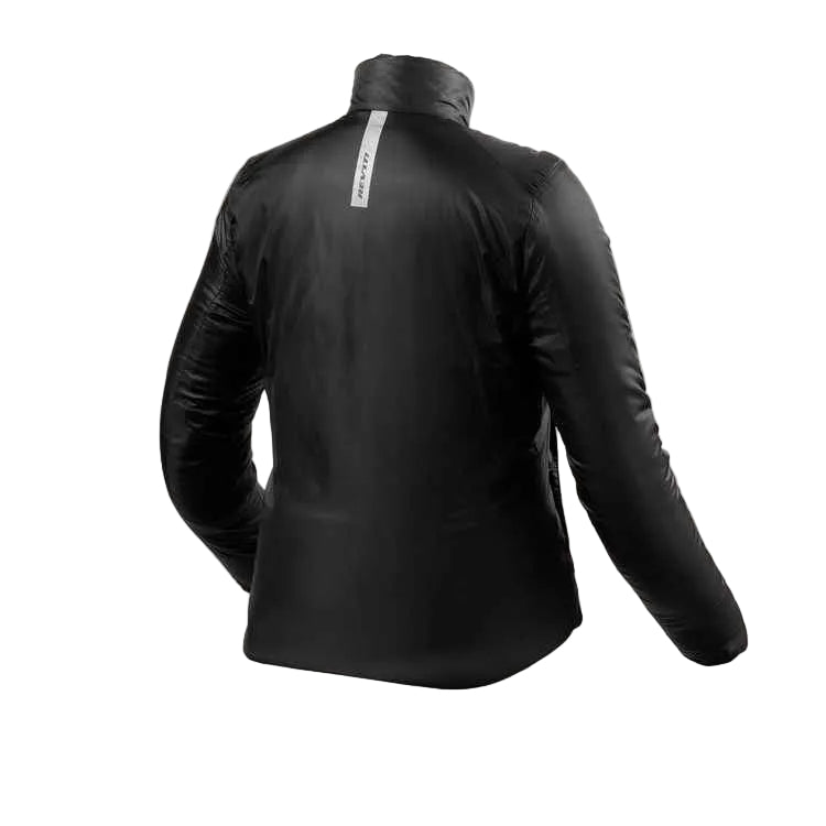 Black jacket with a brand logo on the back against a white background