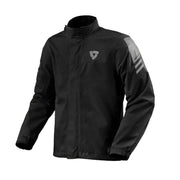 Black rain jacket with a logo on the chest and a brand emblem on the sleeve against a white background