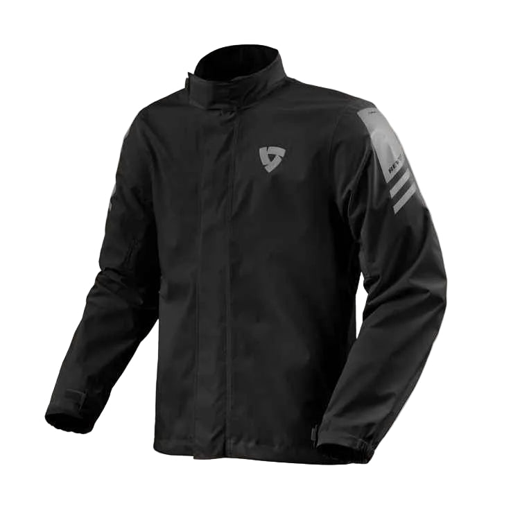 Black rain jacket with a logo on the chest and a brand emblem on the sleeve against a white background