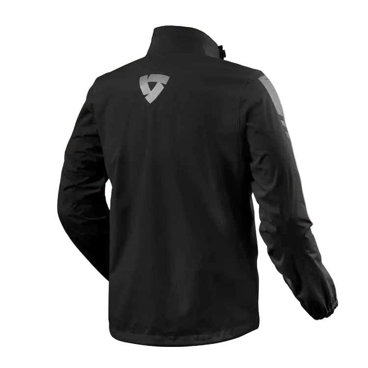Black rain jacket with a logo on the back against a white background