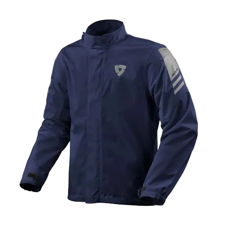 Navy blue rain jacket with a logo on a light gray background