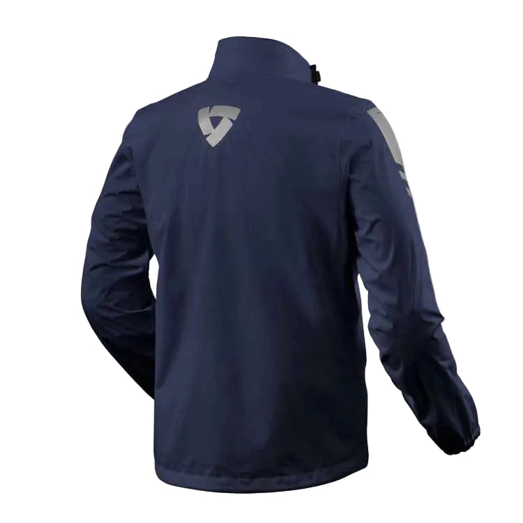 Navy blue rain jacket with a logo on the back against a light gray background