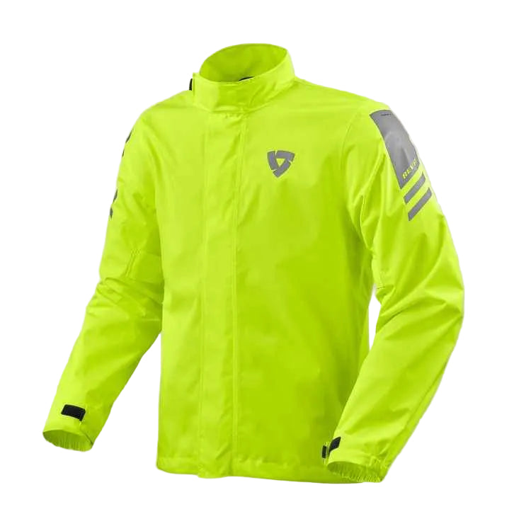 Bright yellow rain jacket with a brand logo on a light gray background