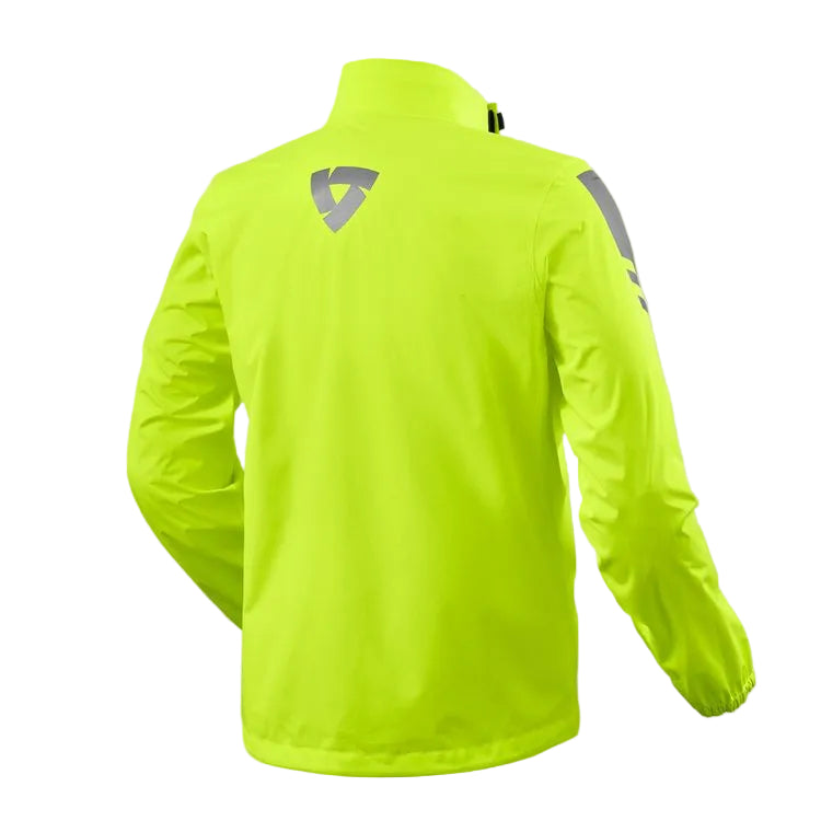 Bright yellow rain jacket with a logo on the back against a light gray background