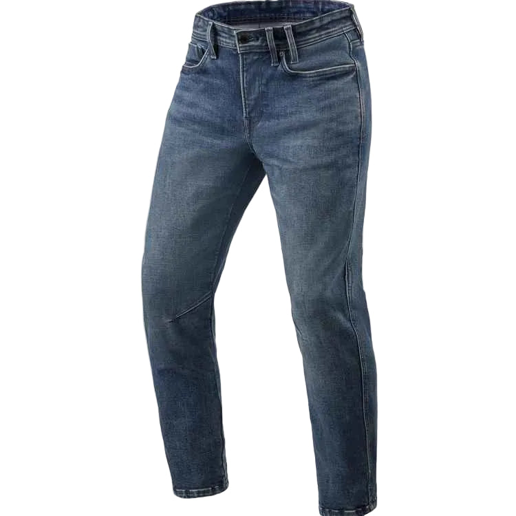 A pair of men's slim-fit blue denim jeans shown on a light beige background.