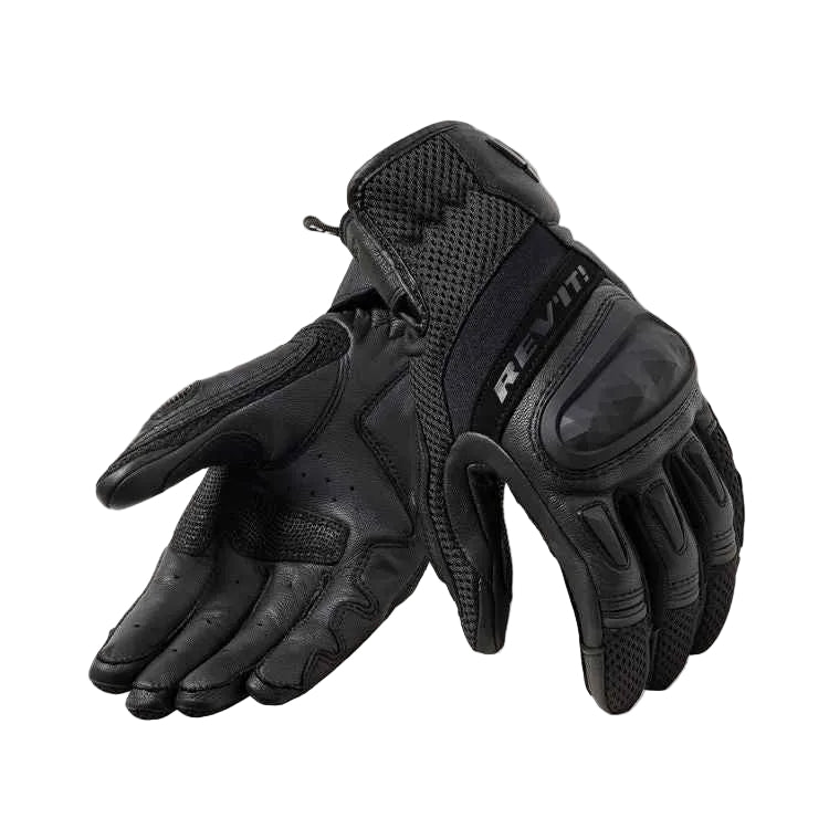 Black motorcycle gloves with brand logo on a light gray background