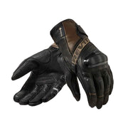 A pair of black leather motorcycle gloves with brown accents and protective knuckle guards, displayed against a light beige background. One glove is shown palm-up and the other is palm-down to display the back.