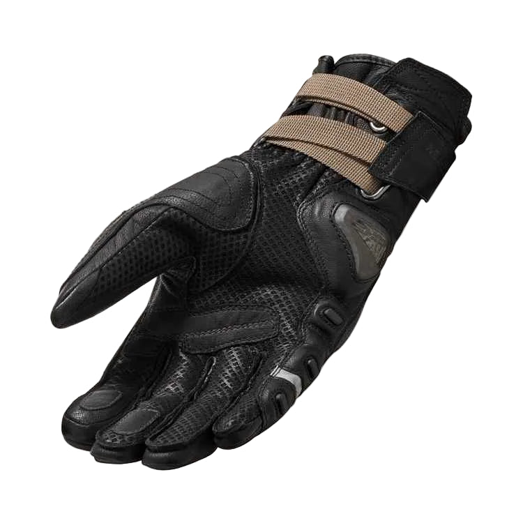 Black motorcycle glove with brown strap on a white background