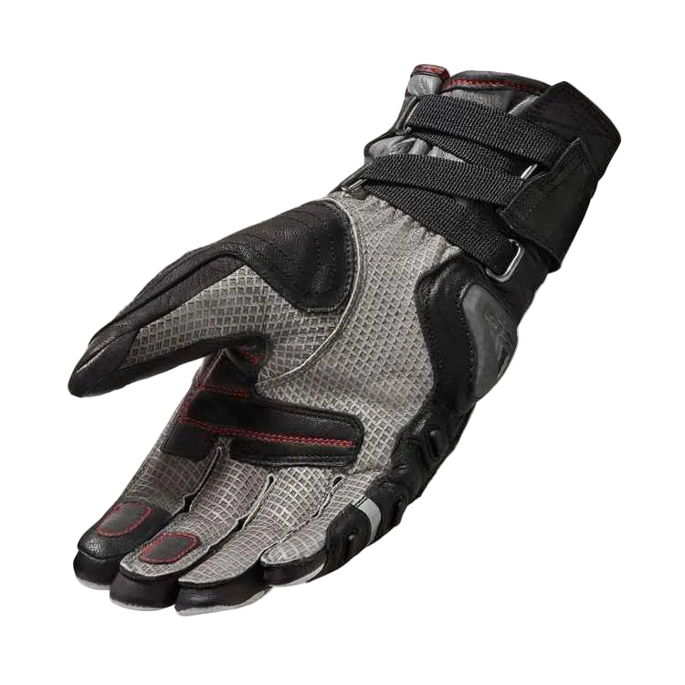 Black and gray glove with text on a white background