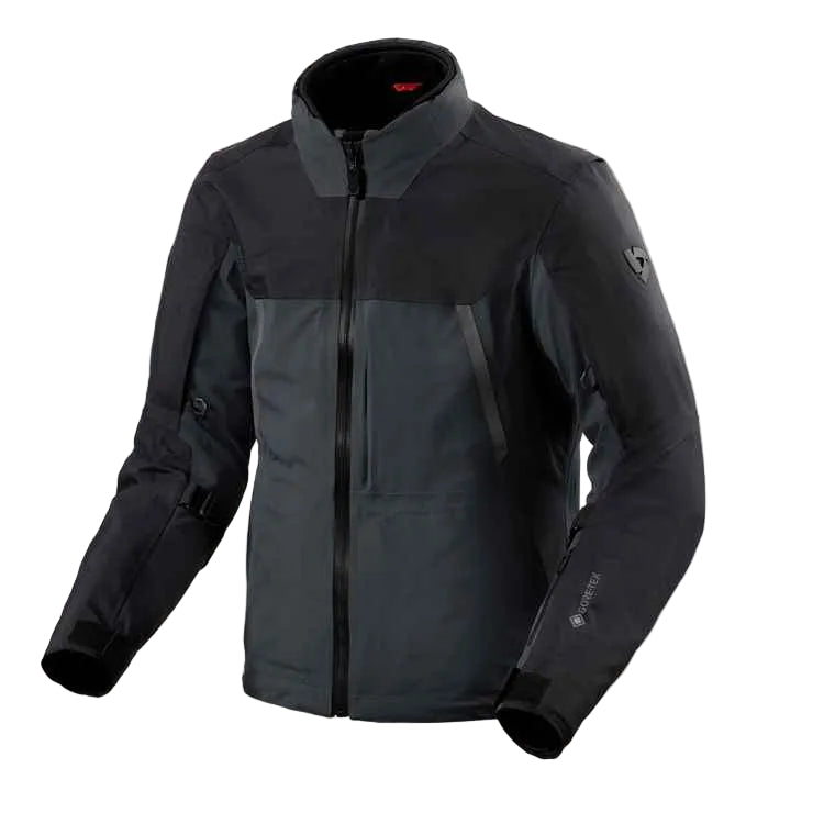 Black jacket with a brand logo on a light gray background