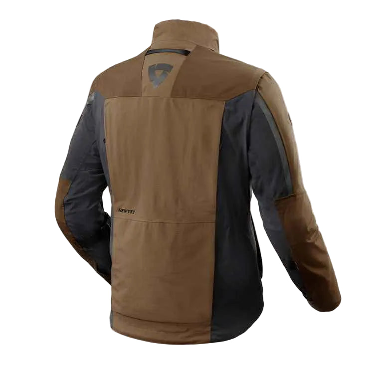 A color-blocked motorcycle jacket shown from the back, featuring a brown main body with dark gray side panels and sleeves, on a light beige background.