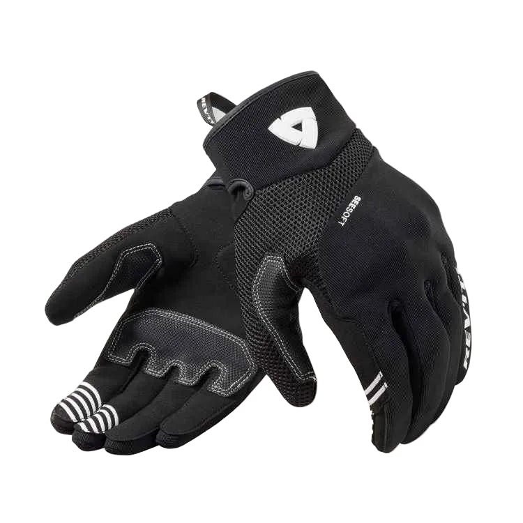 Black gloves with a brand logo on a white background