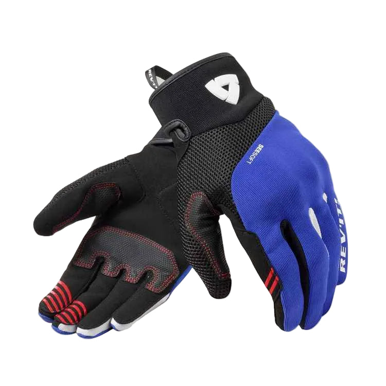 Black and blue gloves with visible branding on a white background