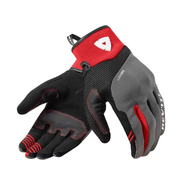 Black and red gloves with a brand logo on a light gray background