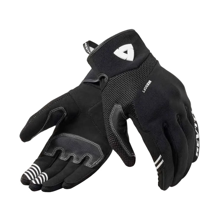 Black gloves with a brand logo on a white background