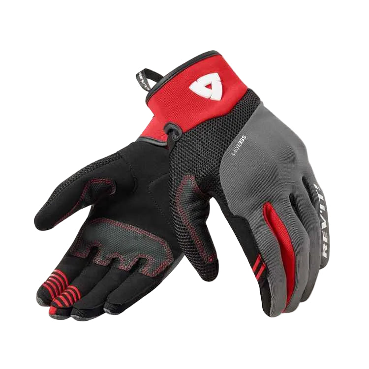 A pair of black and gray motorcycle gloves with red accents and white branding, displayed against a light beige background.