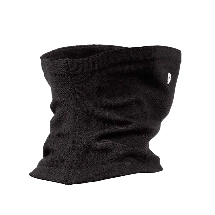 Black neck gaiter with a small logo on a light gray background