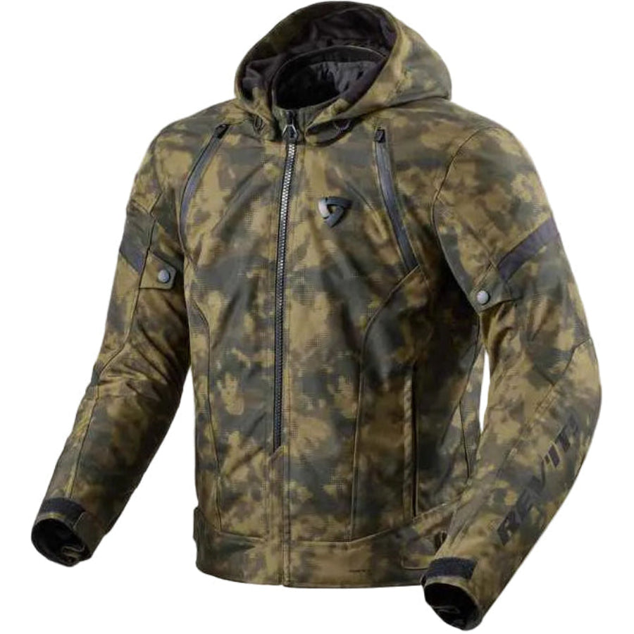 Camouflage jacket with a brand logo on a light gray background