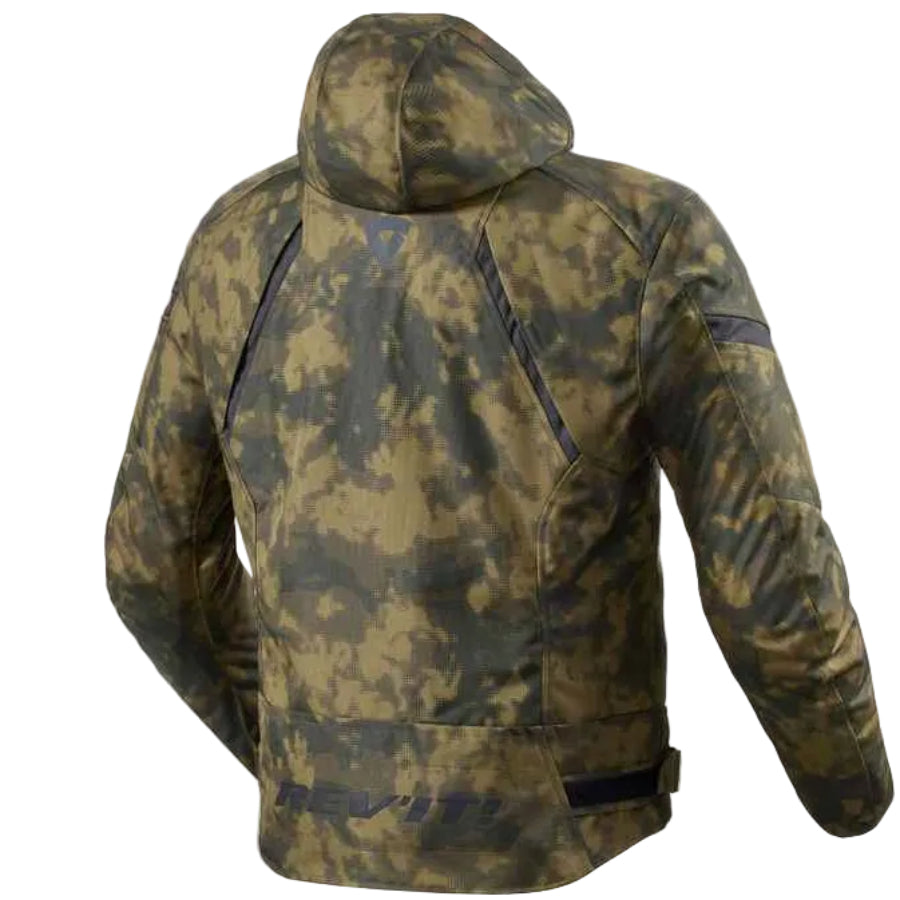 Camouflage jacket with a brand logo on a light gray background