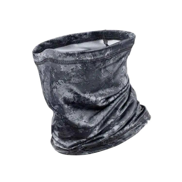 A dark gray and black camouflage neck gaiter or face covering, shown on a light beige background.
