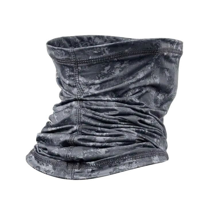 A dark gray and black camouflage-patterned neck gaiter or face covering, shown as a product shot on a light beige background.