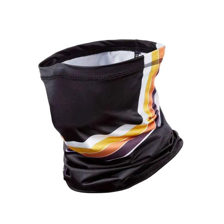 Black neck gaiter with colorful design on a light gray background